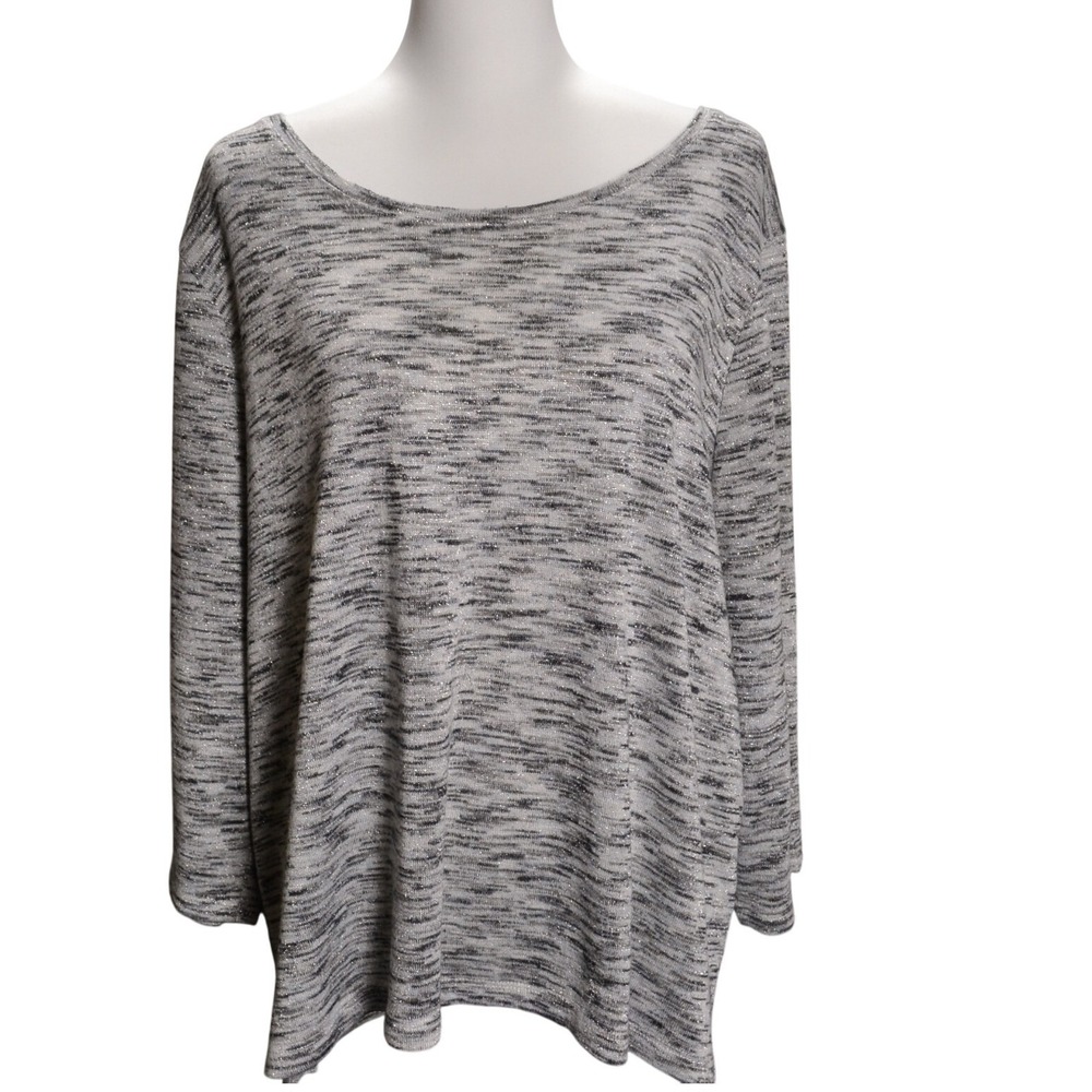 Chico's‎ Platinum Marled Knit Long Sleeve Top 3 XL Metallic Silver Black White